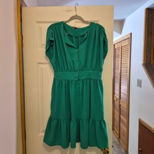 Sharagano Emerald Fit-and-Flare Split Neck Tiered Ruffle Dress Size 10